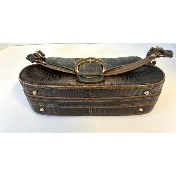 Brahmin Croc-Embossed Leather Large Buckle Flap Shoulder Bag Brown - Picture 14 of 16